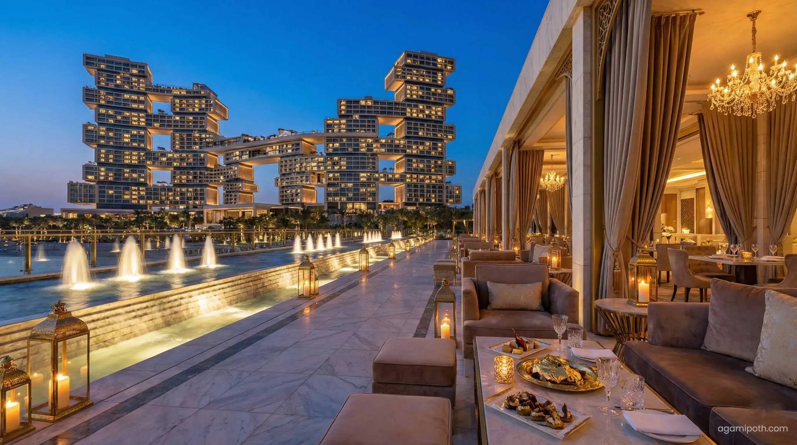 Atlantis The Royal exterior view at night on Palm Jumeirah.