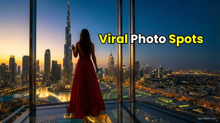 Woman posing in front of Burj Khalifa at best Instagram spot Dubai.