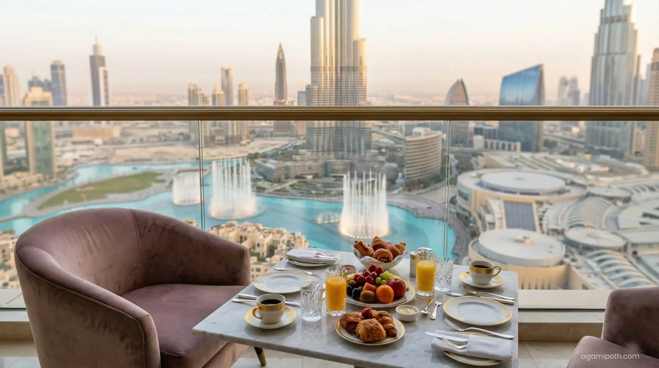 Luxury hotel view of Burj Khalifa in Downtown Dubai.