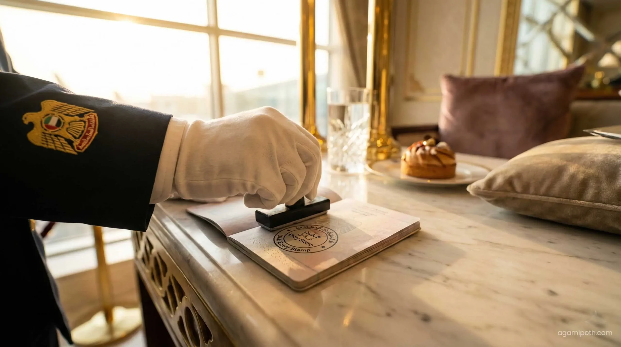 Passport receiving UAE entry stamp at Dubai airport immigration.