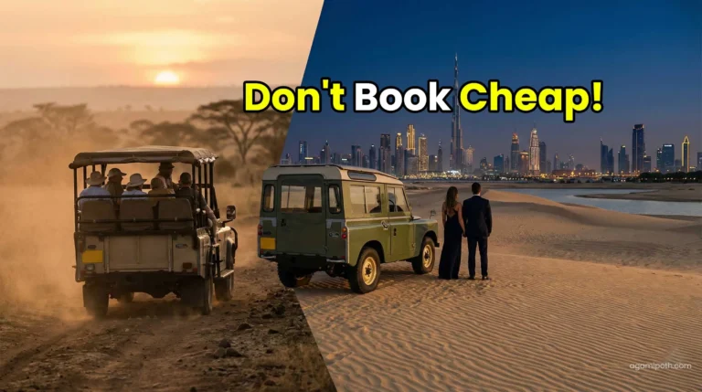 Comparison between cheap shared safari and luxury private safari in Dubai.