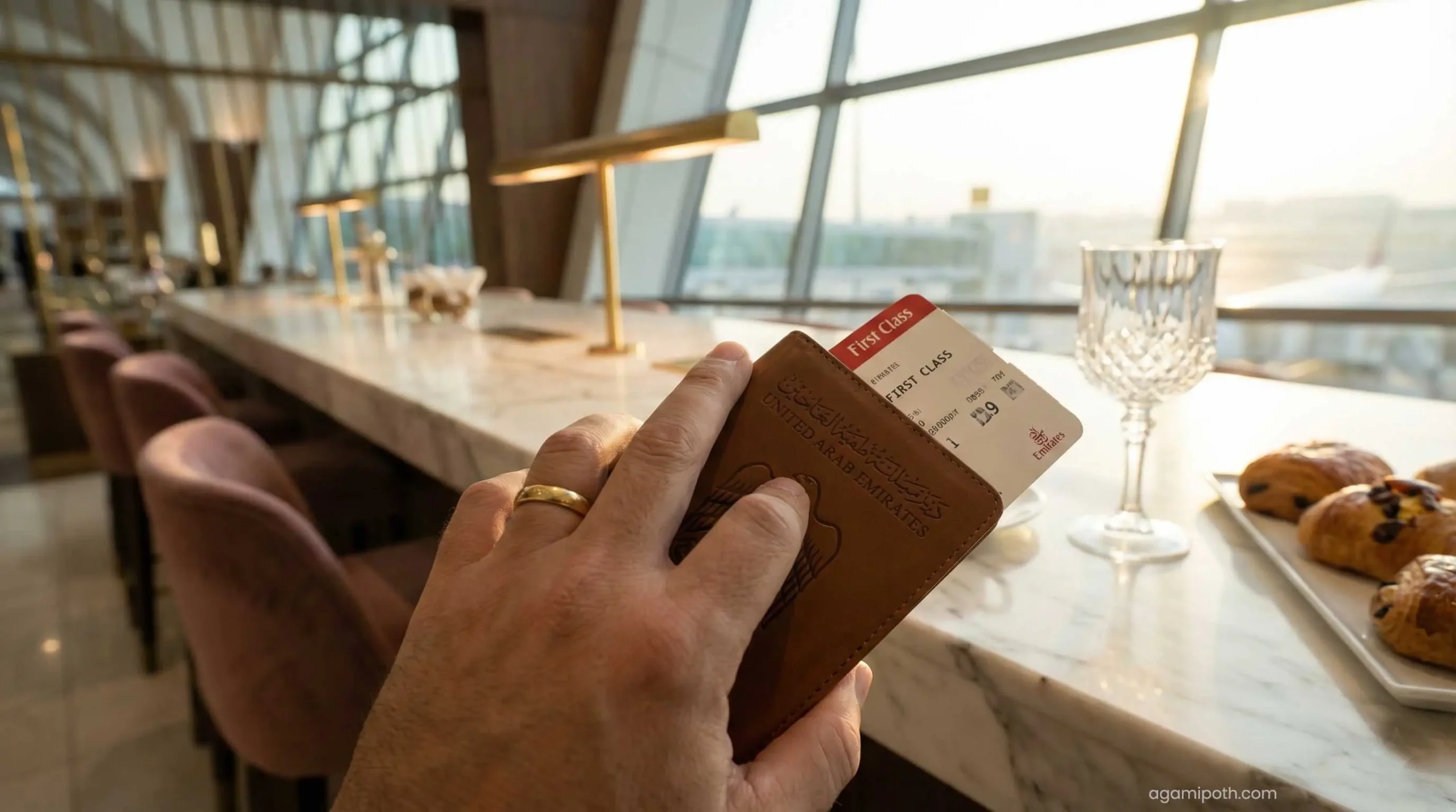 Traveler holding passport and boarding pass for Dubai trip.