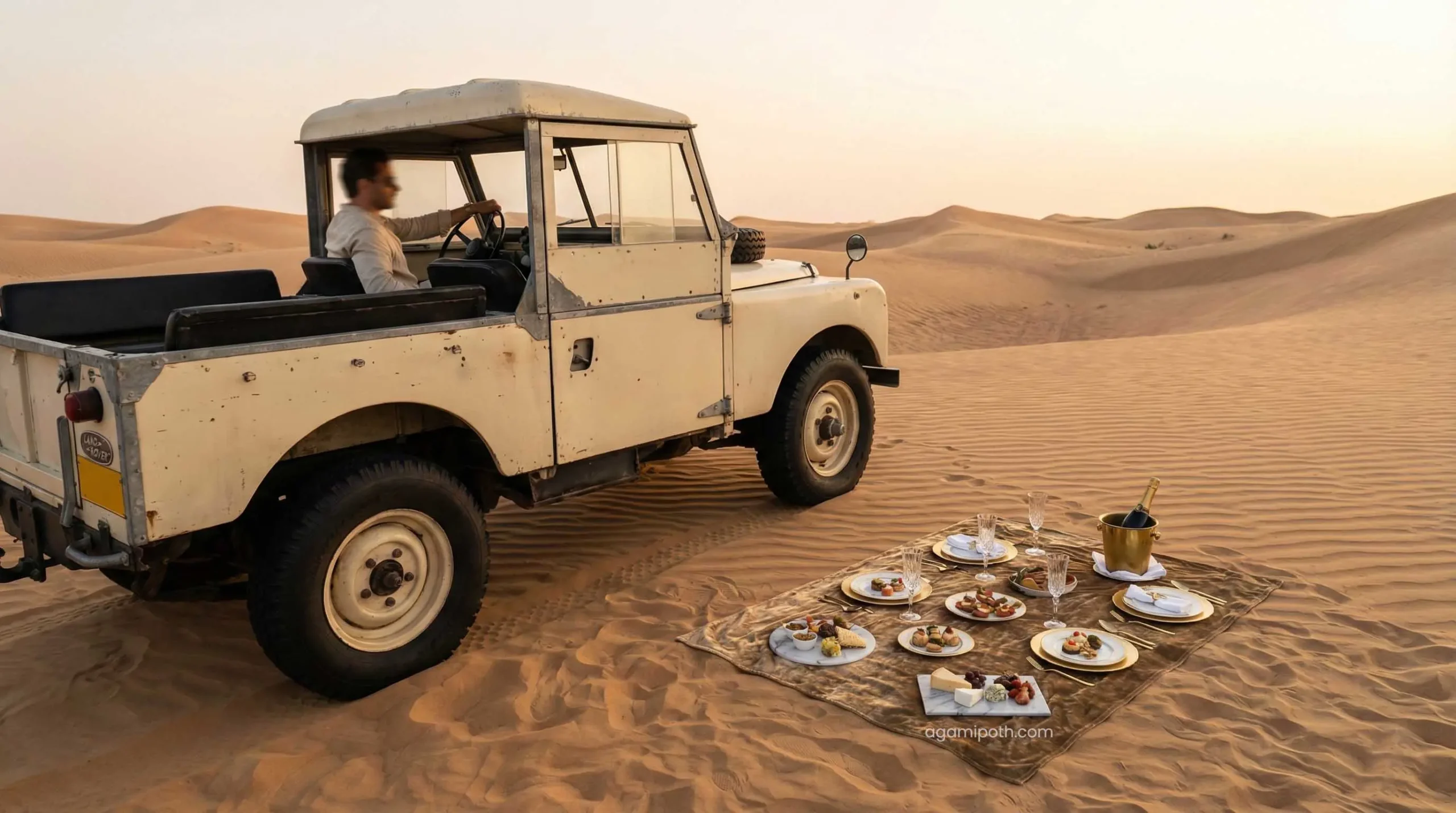 Vintage Land Rover desert safari experience in Dubai for couples.
