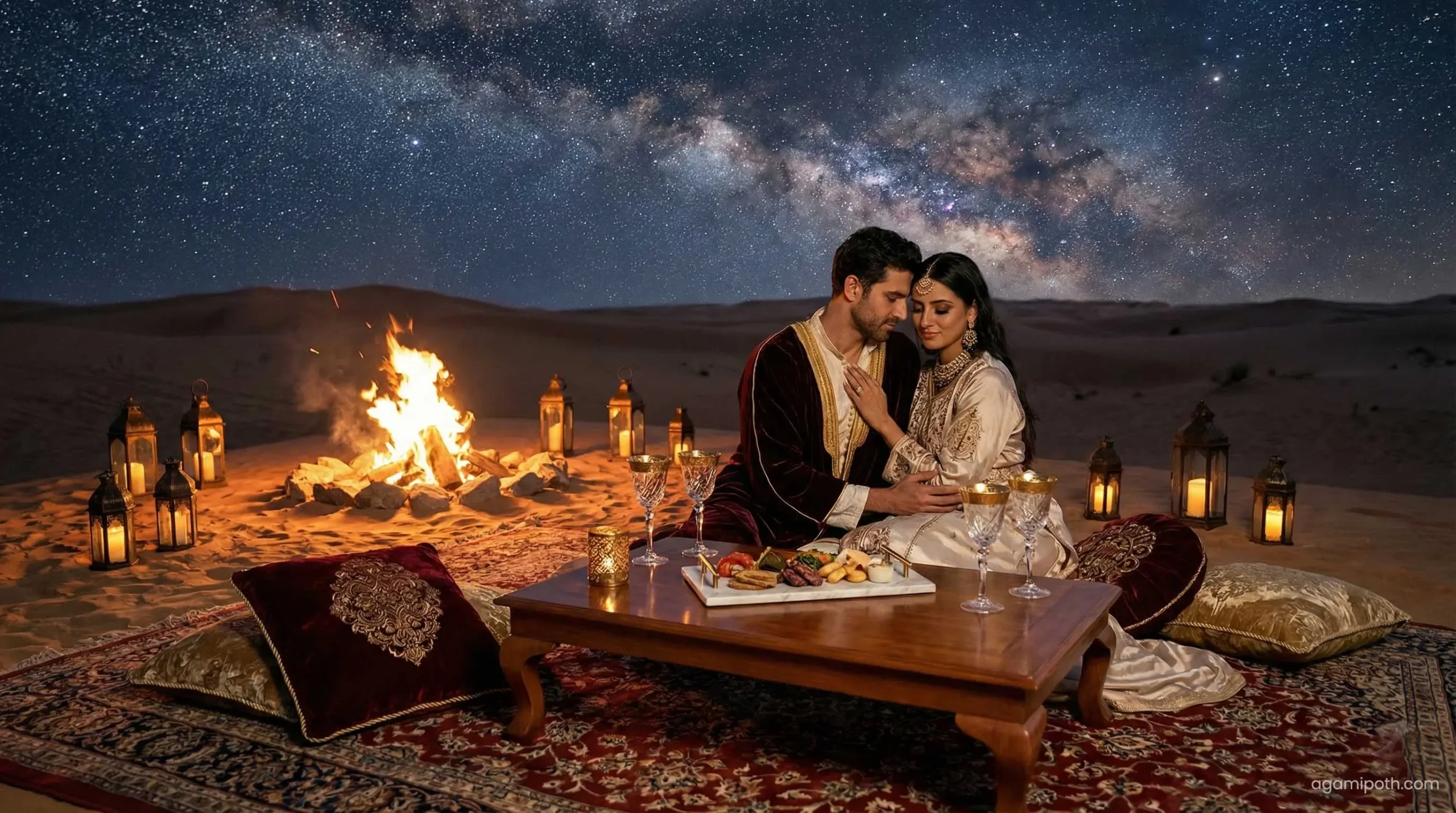 Romantic private bonfire night in Dubai desert for honeymooners.