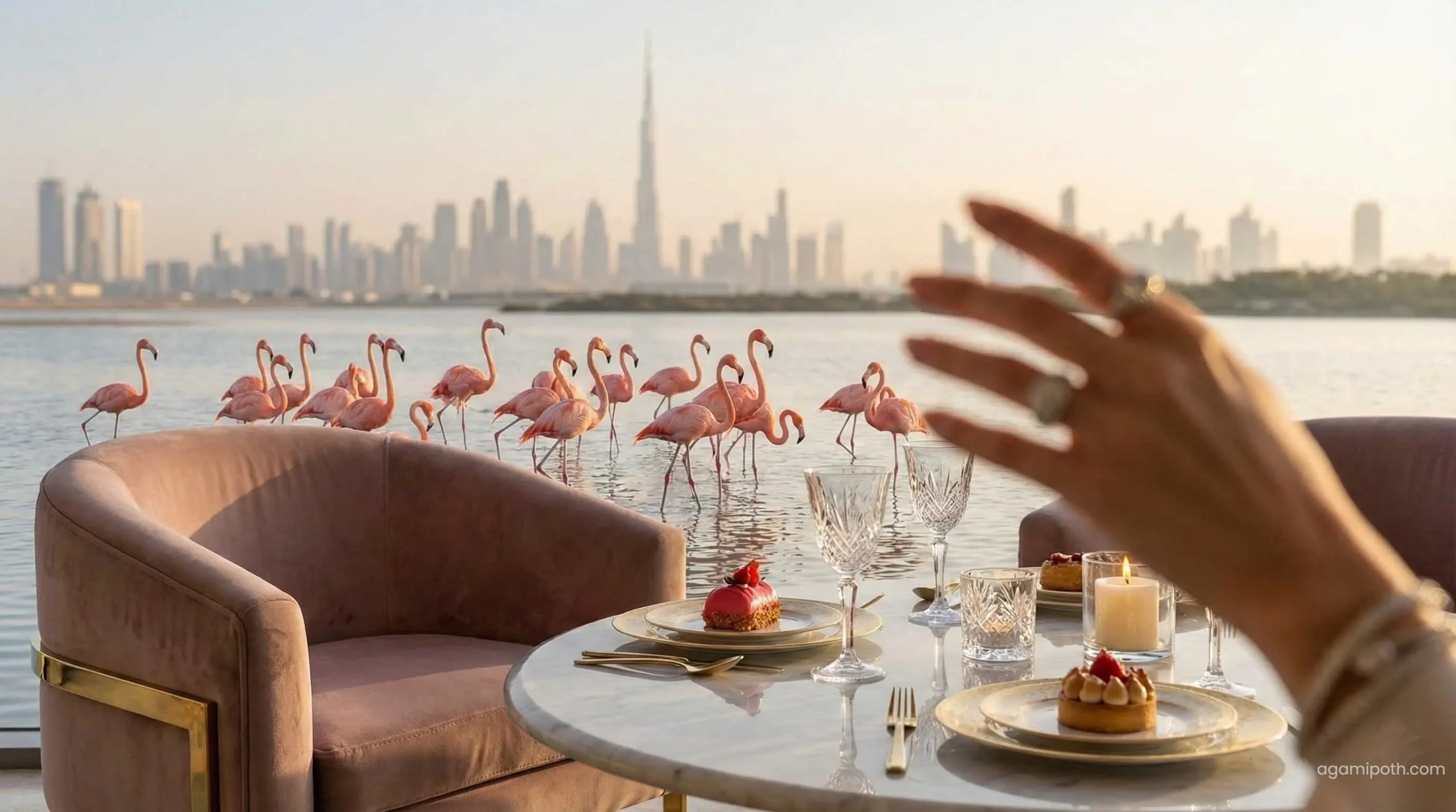 Pink flamingos at Ras Al Khor Wildlife Sanctuary with Dubai skyline view.