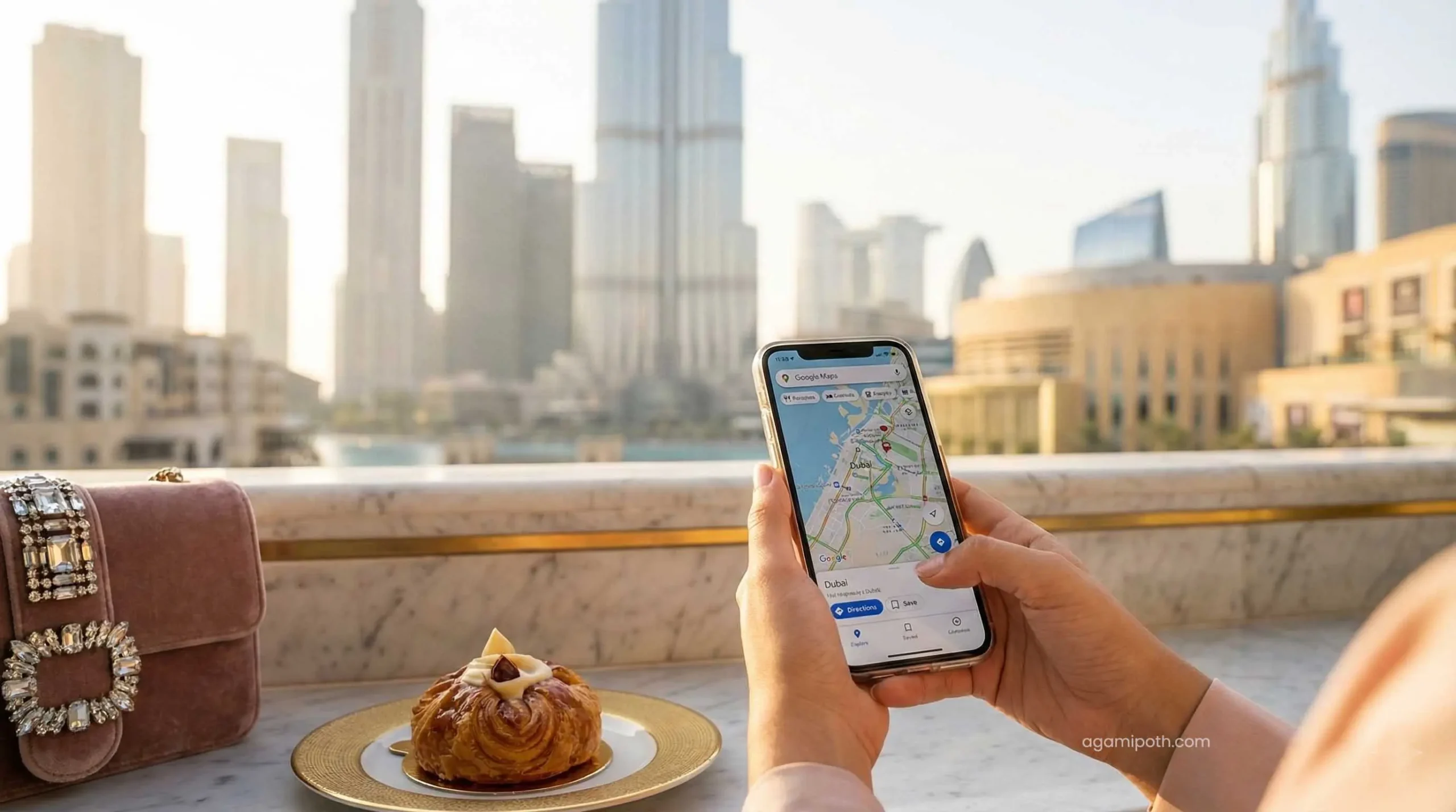 Tourist using high speed mobile internet in Downtown Dubai.