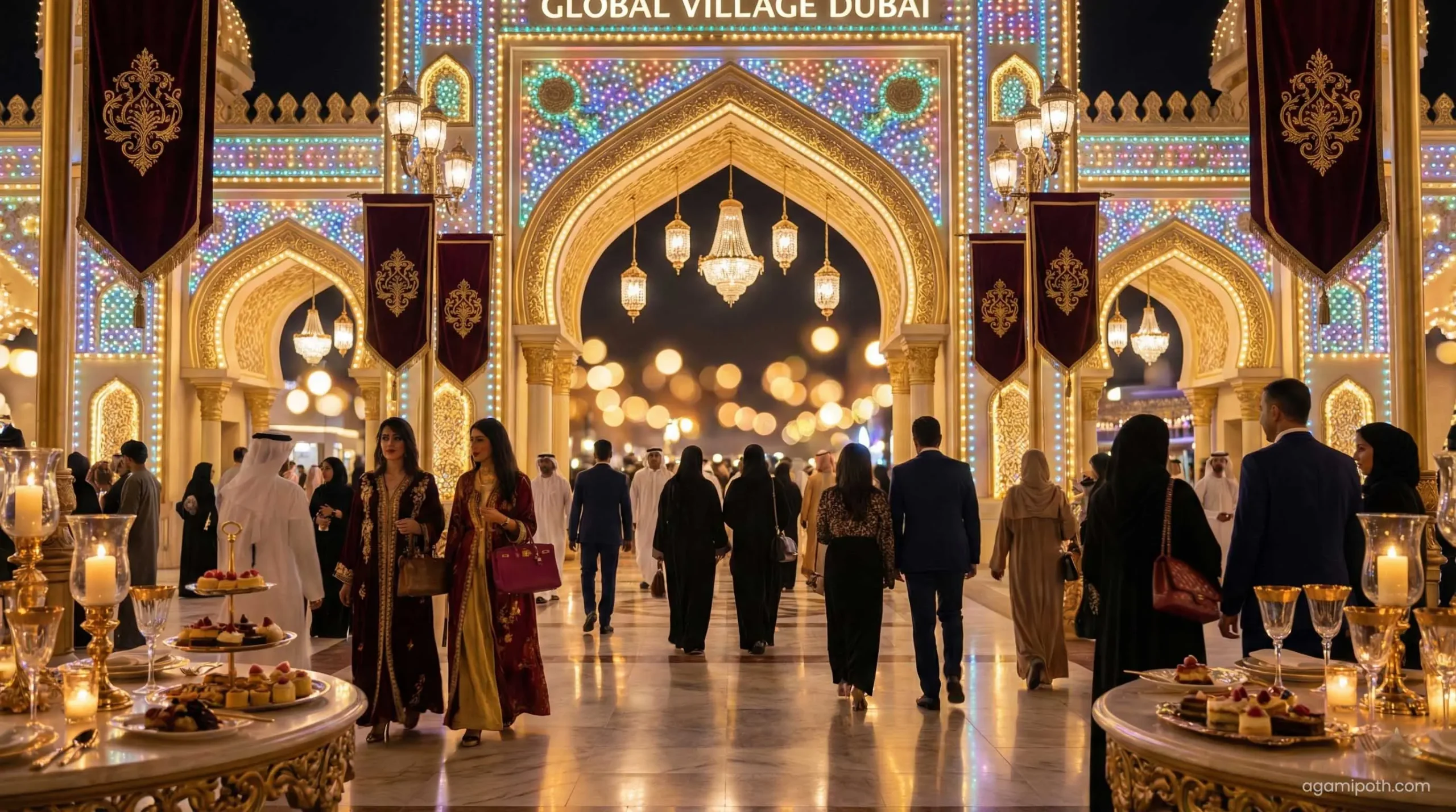 Global Village Dubai entrance gate lit up at night.
