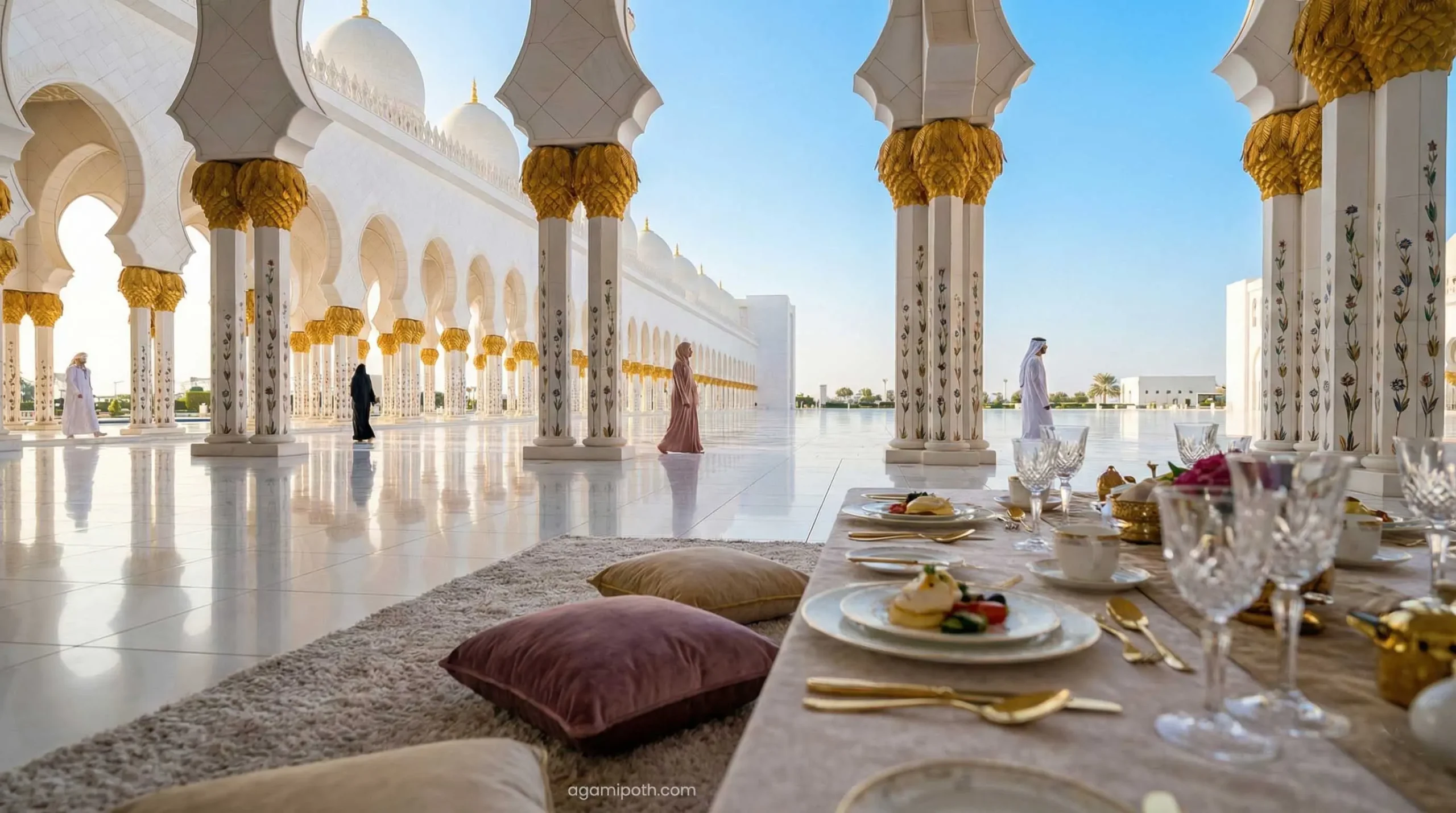 Sheikh Zayed Grand Mosque white marble courtyard in Abu Dhabi.